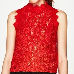 Zara lace embroidered top (red orange) high neck